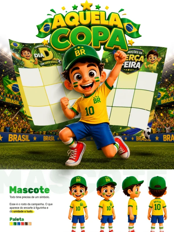 Apresentação do Aquela Copa: lettering da campanha, o mascote torcedor e a paleta.
