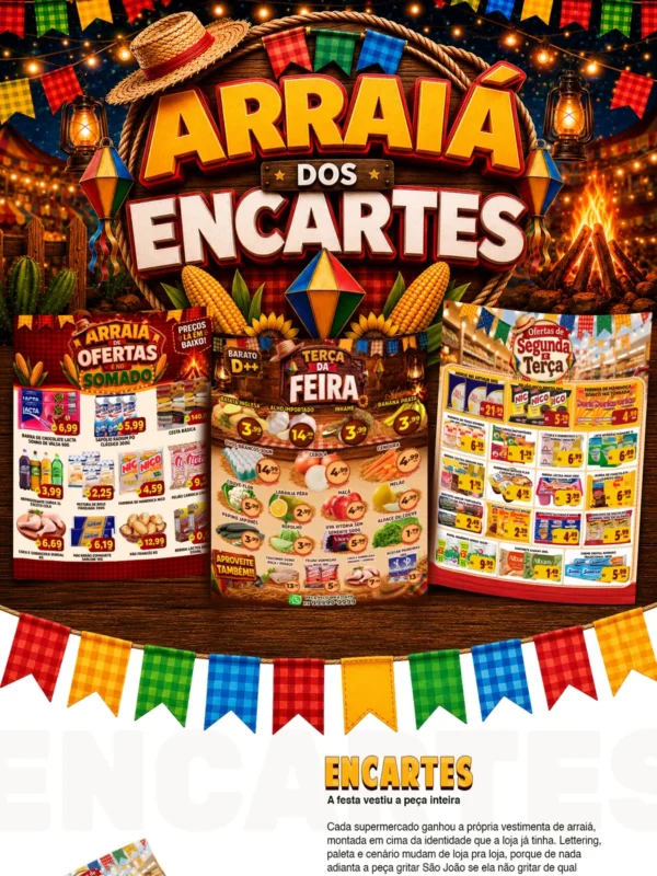 Apresentação do Festival Arraiá: lettering da campanha e as peças de encarte montadas.