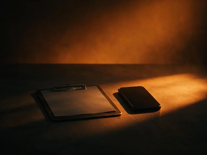 Prancheta com folha em branco ao lado de um celular, sobre mesa escura sob luz laranja