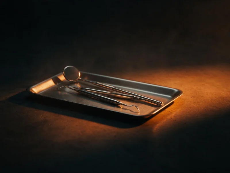 Instrumentos odontológicos de aço numa bandeja, sobre mesa escura iluminada de laranja
