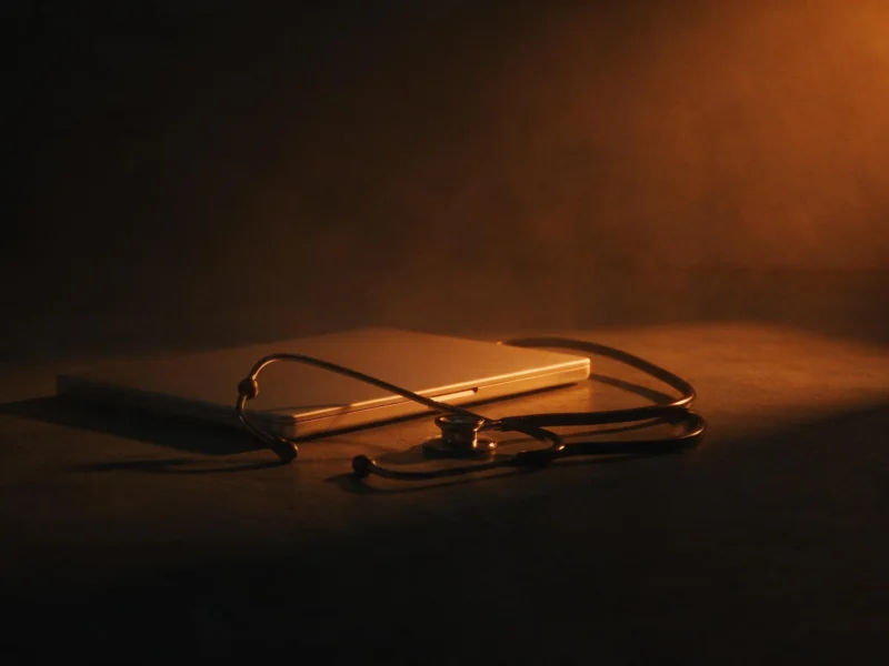 Estetoscópio ao lado de um notebook fechado sobre mesa escura, iluminados por luz laranja